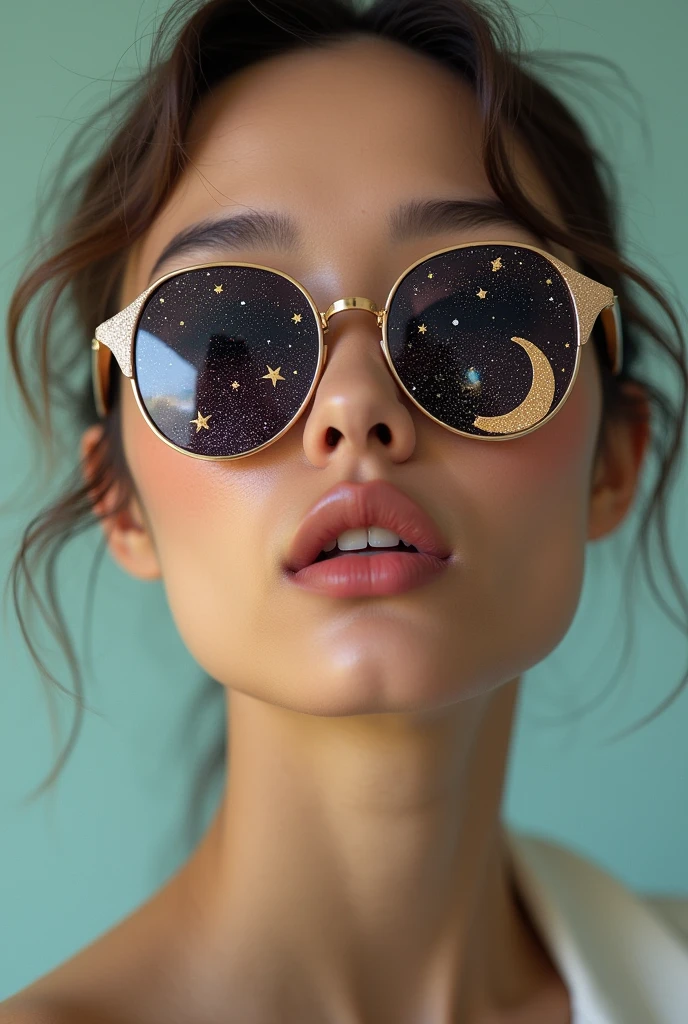 The model is wearing glass sunglasses with stars and the moon on the glass