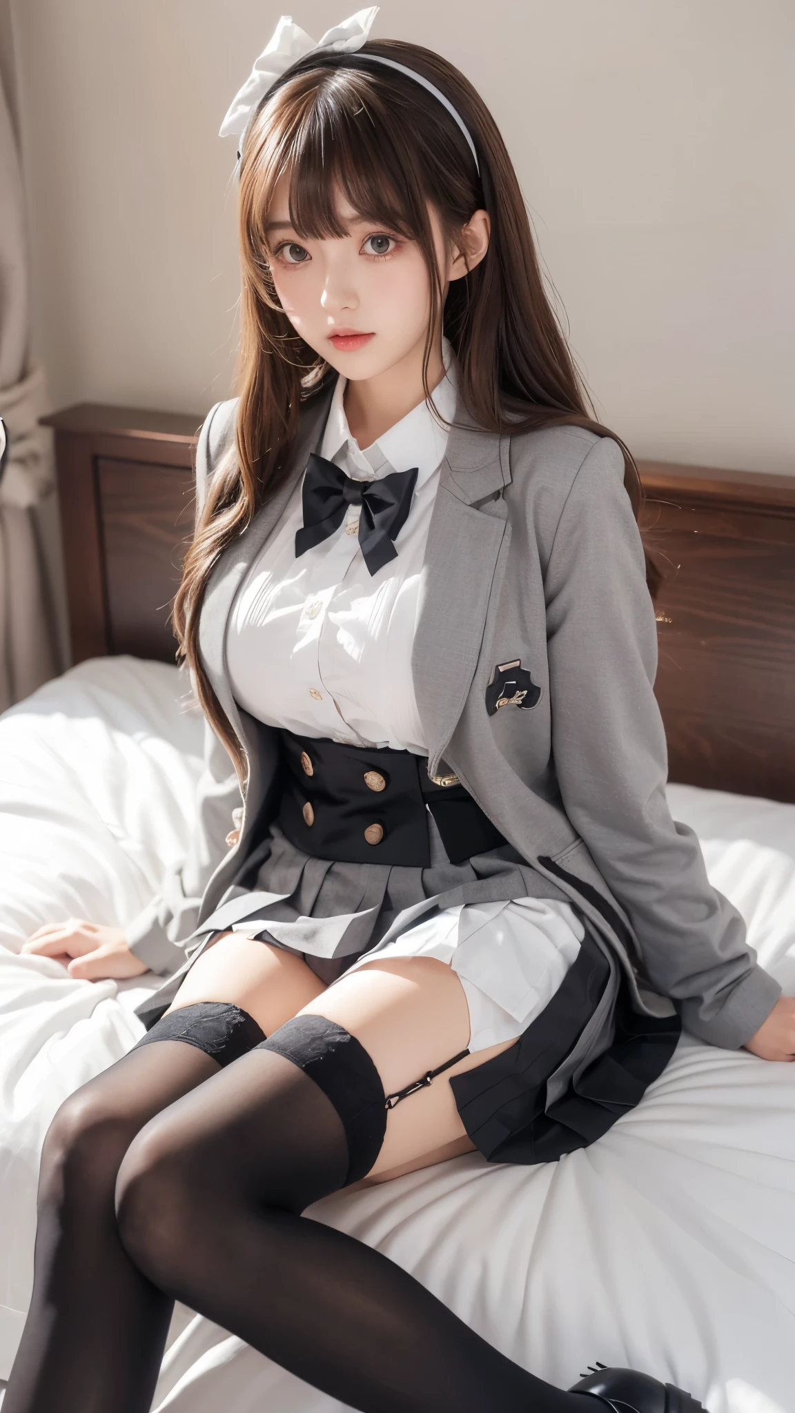 on bed futsumashoujocharlotte, large breasts, long hair,  blunt bangs, brown hair, grey eyes, school uniform, garter straps, pleated skirt, white thighhighs, cross on hairband, black footwear,  shoes, jacket, long sleeves, black skirt, blazer, zettai ryouiki,