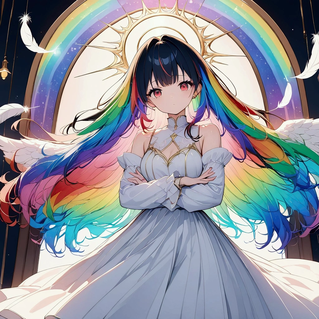 (((anime))) One Woman,mirrorの中にいる,豪華なmirror,mirrorは壁についている,mirrorの中は天国,An angel looking at me,Large iridescent feathers,Long Hair,(Rainbow Hair),Bangs parted in the center,Inside the hair,Lightる,Angel Halo,Red eyes,Big eyes, white camisole,Volume sleeve,Long skirt,Black boots,mirror,Light,Backlight,masterpiece,Highest quality,Exquisite,8k,Absurd,Ultra-fine illustrations,