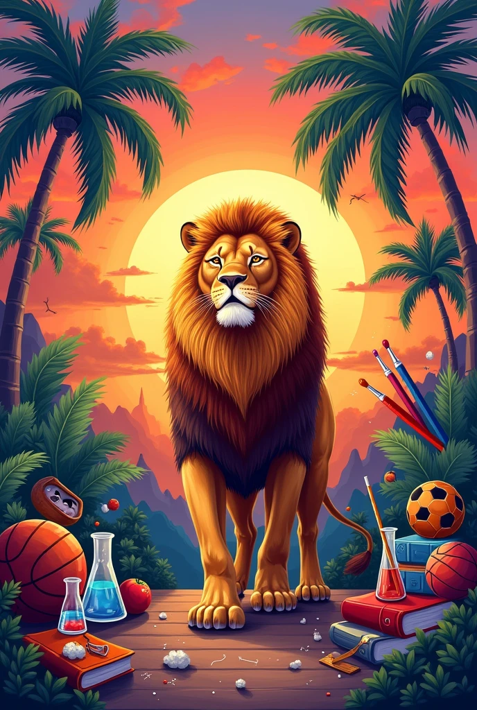 Create a lion mural with a warm sunset, palm trees and educational objects. Add objects of all school subjects such as art, athletics, drama, math, English, history, science and technology