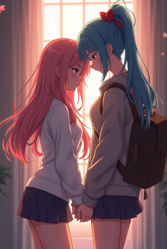 Girl with long pink hair and girl with short blue hair are praying in church facing each other.