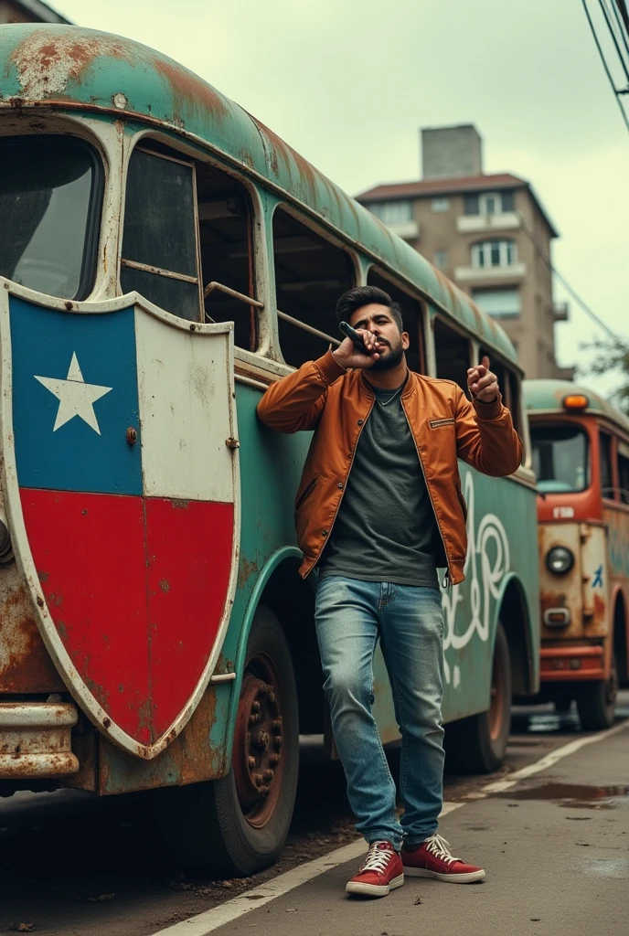 Rapper with Chilean flag shield on old buses in Chile