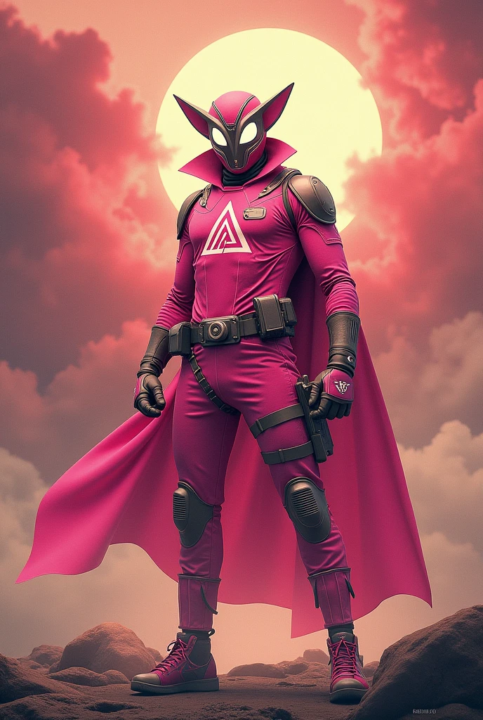 high-tech suit, posterize effects, malaysian superhero (KELUANG MAN) in a striking pink and biege costume stands confidently in a dramatic, stormy landscape. The character wears domino mask beige a helmet beige with pointed ears beige and a flowing cape beige color. Pink jumpsuit cyberpunk concept.. Equipped with beige visible futuristic weapons on a belt,((white eyes)) they exude a powerful presence against a backdrop of swirling clouds and a red hue sky.((Scale honeycomb hero concept))The ground is uneven and rocky, pink cargo pants.adding to the intense atmosphere. Triangle shape logo on chest. Logo punisher on chest pink color.. --ar 3:4 --style raw --stylize 500 --v 6.1. red pink and beige costume.