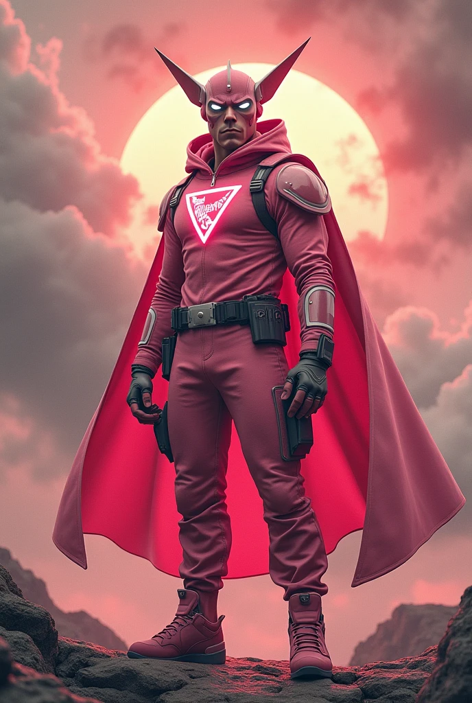 high-tech suit, posterize effects, malaysian superhero (KELUANG MAN) in a striking pink and biege costume stands confidently in a dramatic, stormy landscape. The character wears domino mask beige a helmet beige with pointed ears beige and a flowing cape beige color. Pink jumpsuit cyberpunk concept.. Equipped with beige visible futuristic weapons on a belt,((white eyes)) they exude a powerful presence against a backdrop of swirling clouds and a red hue sky.((Scale honeycomb hero concept))The ground is uneven and rocky, pink cargo pants.adding to the intense atmosphere. Triangle shape logo on chest. Logo punisher on chest pink color.. --ar 3:4 --style raw --stylize 500 --v 6.1. red pink and beige costume.