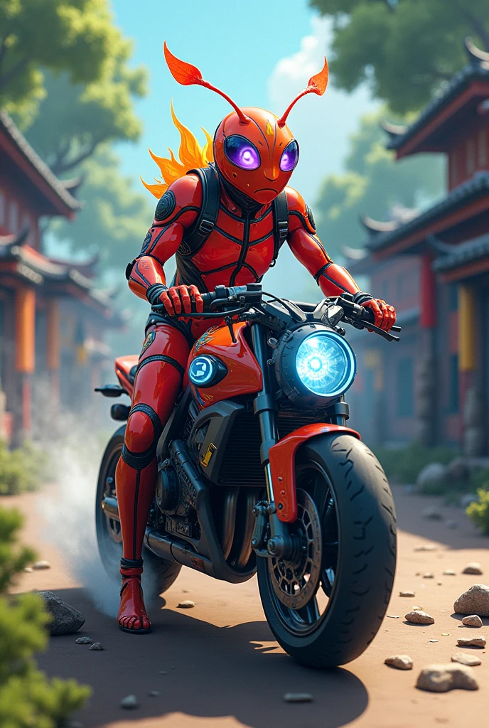 Fire ant with saybar sut in ranbo colour in bmw bike in Naruto world 