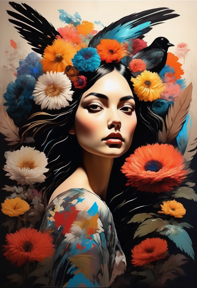 (Sensual illustration chiaroscuro), Illustration art, By Irina Kapi. Surrealism, Vintage Abstraction,  (Girl with black wings), (少女が飛んでいるPainting:1.2), Esbian all over body、Woman with black feathers, Big feather、Flying like a bird、Colorful flower garden background、Highest quality, masterpiece, Ultra high definition、Painting, Concept Art, Emotional, Atmospheric, Romantic aesthetics, Represents transformation and the ability to see beyond the surface、Ultra high definition、(deep, Delicate colors) paint (draw) 、最高masterpiece、Highest quality、