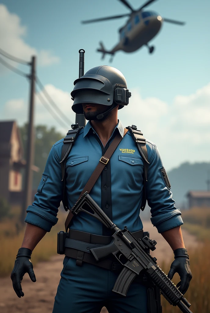 A make a hyper realistic image a 1 man playing pubg on roard the character wearing blue jacket , yogesh rathore name on the jaket, the character holding m416 gum, wearing bag , helicopter in the sky , in background pubg