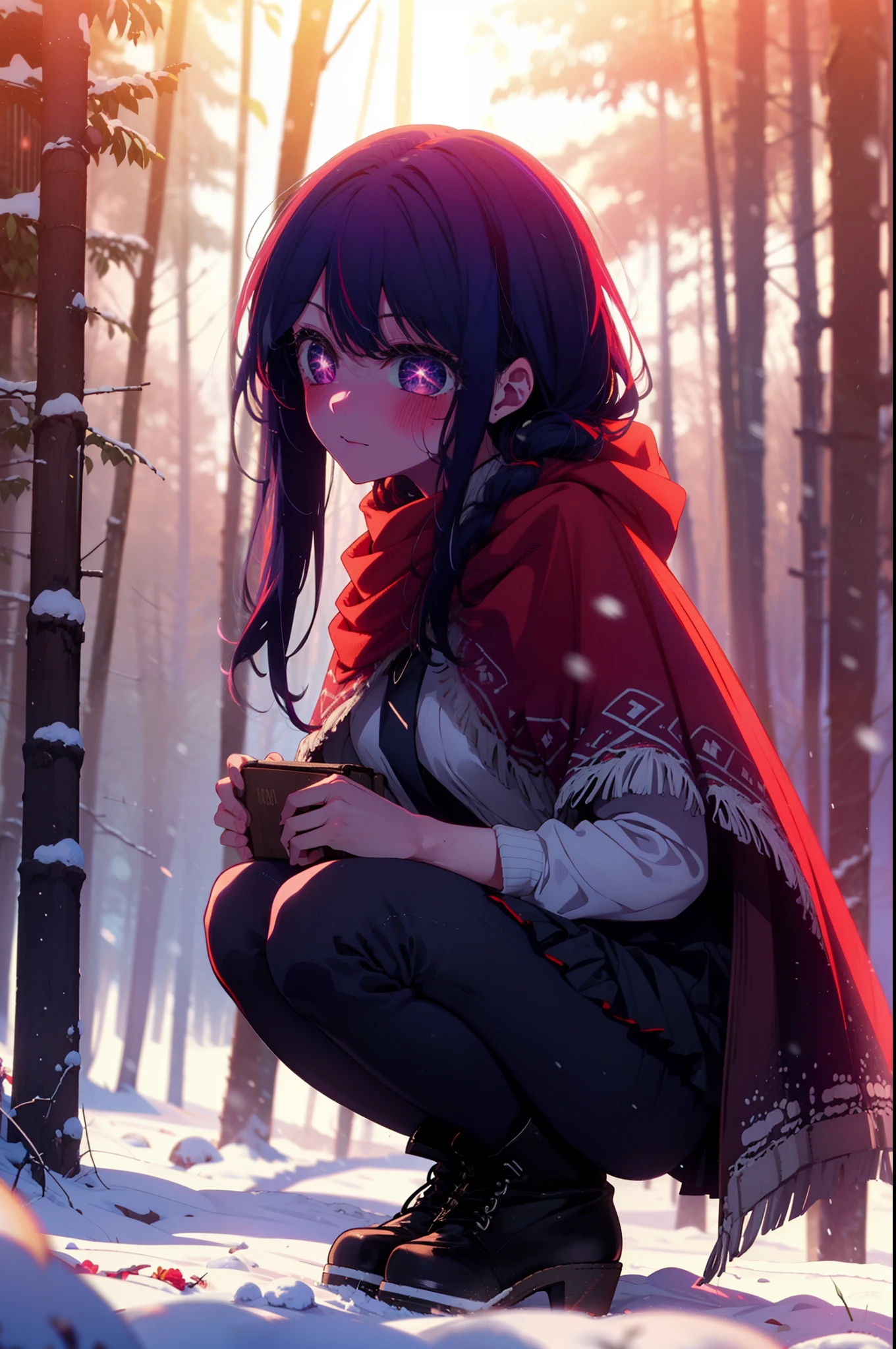aihoshino, Ai Hoshino, Long Hair, bangs, (Purple eyes:1.1), Purple Hair, (Symbol-shaped pupil:1.5), smile,,smile,blush,white breath,
Open your mouth,snow,Ground bonfire, Outdoor, boots, snowing, From the side, wood, suitcase, Cape, Blurred, , forest, White handbag, nature,  Squat, Mouth closed, Cape, winter, Written boundary depth, Black shoes, red Cape break looking at viewer, Upper Body, whole body, break Outdoor, forest, nature, break (masterpiece:1.2), Highest quality, High resolution, unity 8k wallpaper, (shape:0.8), (Beautiful and beautiful eyes:1.6), Highly detailed face, Perfect lighting, Highly detailed CG, (Perfect hands, Perfect Anatomy),