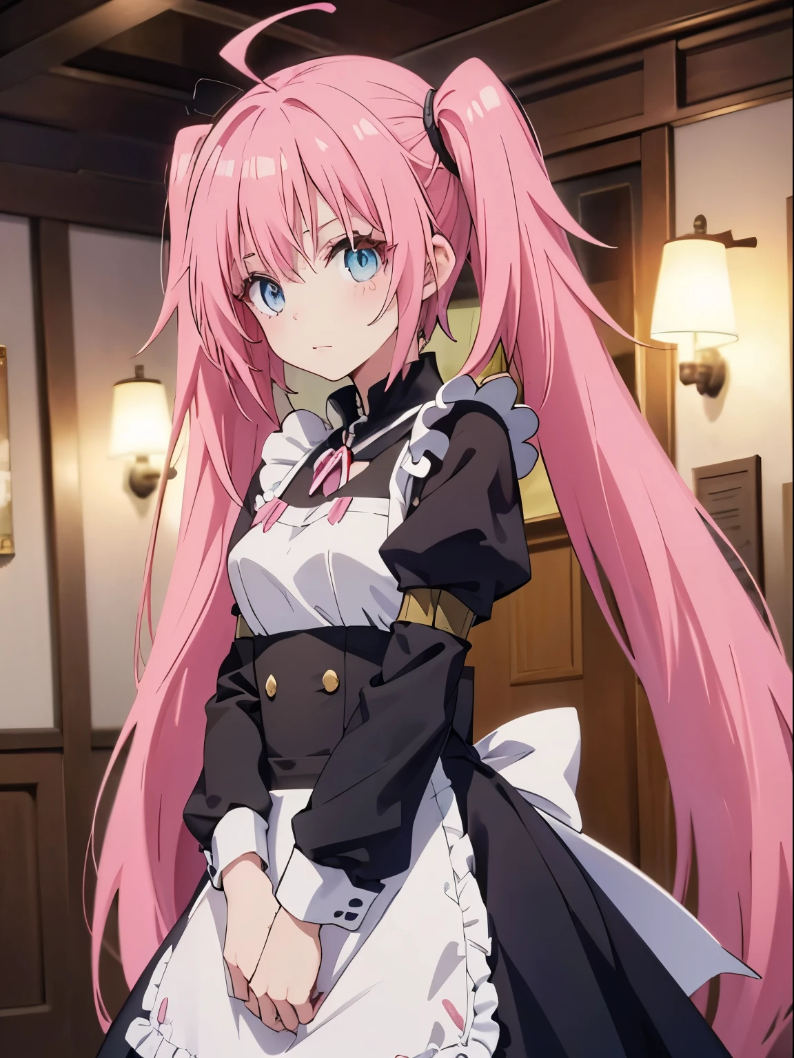 1 female、tensei shitara slime datta ken（((Milim Nava))), Demon King、Milim Navaの傑作、high quality、maid Cafe、Moe、Moe、Accurate Mirim Surface Area、blue eyes、Behold the Evil、Pink Hairの、Pink Hair, Long Hair, Twin tails,8k images、Cute maid outfit、Dress nicely、Best Photos、Cowboy Shot、[3D Images:1.25],[[Attractive eyes,Detailed eyes、Shining Eyes, Colorful eyes:1.25]]、、whole、Front view、alone、Best Photos, Soft Light, Attractive eyes that make you feel sucked in