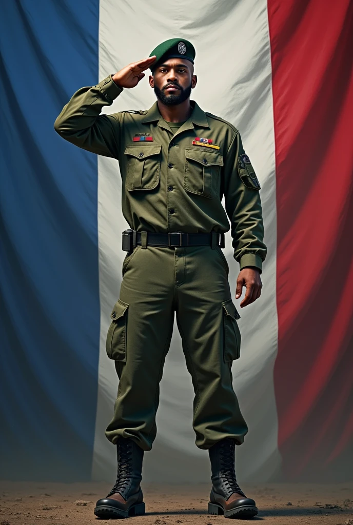 Strong, bearded young mixed-race soldier, dressed in the olive green camouflage combat uniform, with a beret on his head and boots on his feet, saluting the Nicaraguan flag.