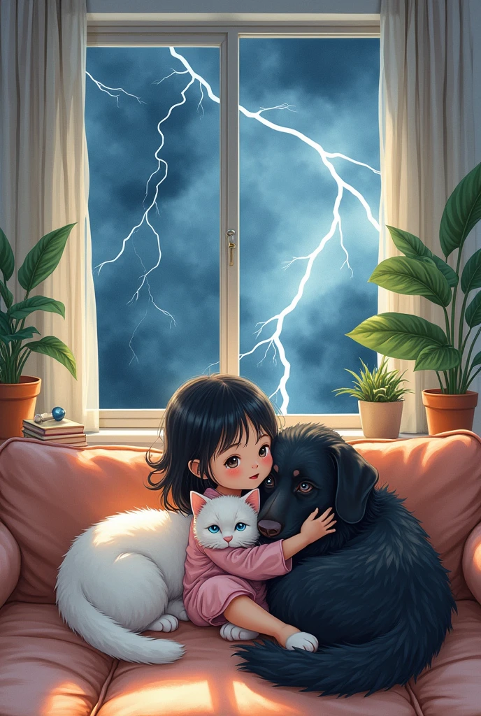 white cat and black dog, Delicate and elegant watercolors,dynamic angle, ultra-precision illustrations,Dynamic composition, dynamic and wonderful high-definition illustration , 8K, beautiful and cute black-haired girl, she hugs a cat in a stylish living room,She looks at each other with a cute black cat in her arms. A big dog cuddled up to her feet,On a summer night,there is a thunderstorm outside,lightning outside the window,vivid and colorful illustration. The background is watercolor,