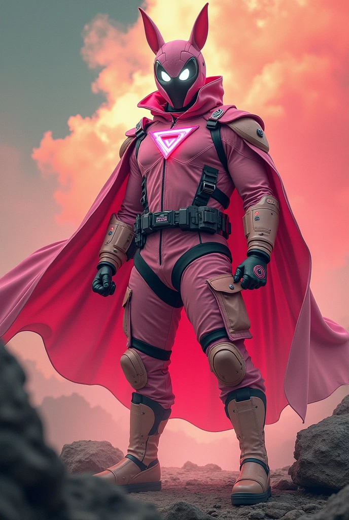 high-tech suit, posterize effects, malaysian superhero (KELUANG MAN) in a striking pink and biege costume stands confidently in a dramatic, stormy landscape. The character wears domino mask beige a helmet beige with pointed ears beige and a flowing cape beige color. Pink jumpsuit cyberpunk concept.. Equipped with beige visible futuristic weapons on a belt,((white eyes)) they exude a powerful presence against a backdrop of swirling clouds and a red hue sky.((Scale honeycomb hero concept))The ground is uneven and rocky, pink cargo pants.adding to the intense atmosphere. Triangle shape logo on chest. Logo punisher on chest pink color.. --ar 3:4 --style raw --stylize 500 --v 6.1. red pink and beige costume.