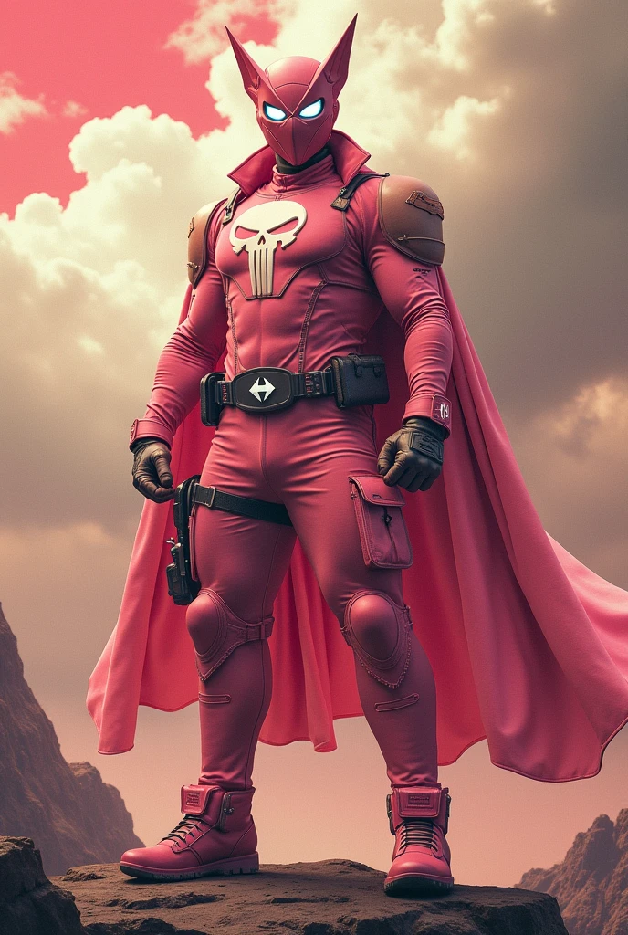 high-tech suit, posterize effects, malaysian superhero (KELUANG MAN) in a striking pink and biege costume stands confidently in a dramatic, stormy landscape. The character wears domino mask beige a helmet beige with pointed ears beige and a flowing cape beige color. Pink jumpsuit cyberpunk concept.. Equipped with beige visible futuristic weapons on a belt,((white eyes)) they exude a powerful presence against a backdrop of swirling clouds and a red hue sky.((Scale honeycomb hero concept))The ground is uneven and rocky, pink cargo pants.adding to the intense atmosphere. Triangle shape logo on chest. Logo punisher on chest pink color.. --ar 3:4 --style raw --stylize 500 --v 6.1. red pink and beige costume.
