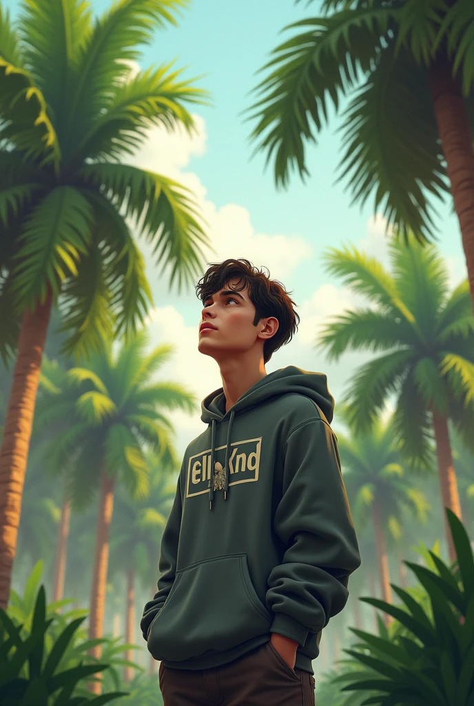 A young man wearing a hoody name on the hoody is EILLY KND standing under the coconut plantation
