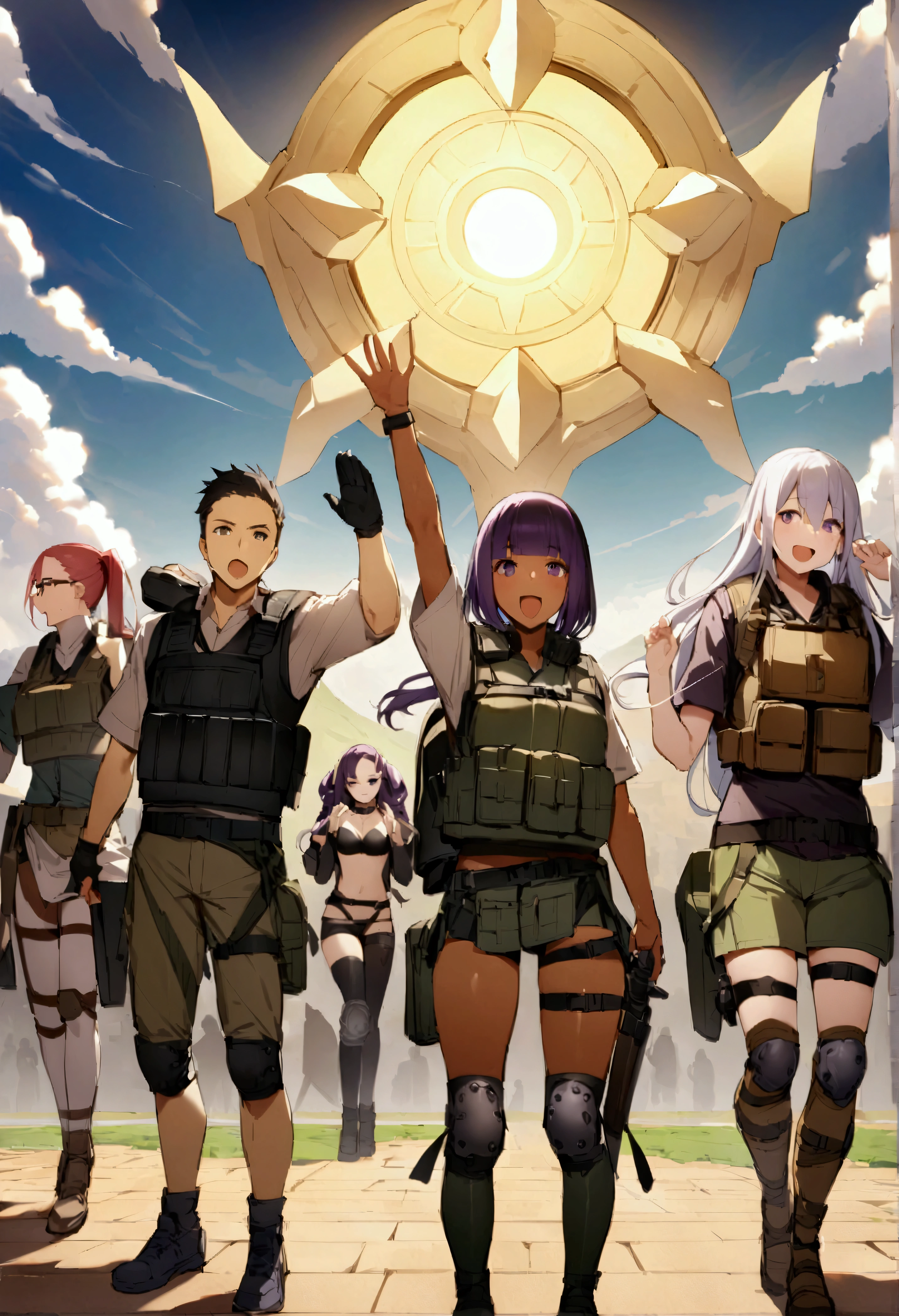 score_9、score_8_up、score_8、Female character concept、Amazing artwork、Highest quality、High resolution、Knee pads、Hydration Packs、Tactical vest with survival knife、tan、Marcel waving、Raise your arms and bend to the side、Be shocked、Rolling Farmland、Fate/Shuten Doji from Grand Order、Double Oral、1 person、2 people