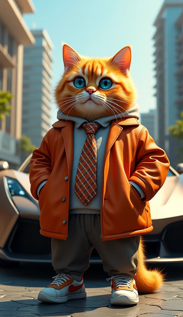 Make a picture of a fat orange cat with blue eyes, flat nose, facing the camera, wear cool clothes, sports shoes and tie, standing in front of a luxury car with a background of luxury urban buildings, Wide, full body, 8k super realistic