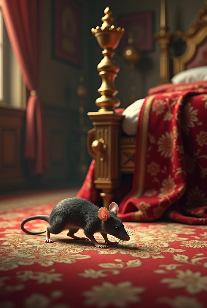 A rat enters the king's room looking for food.