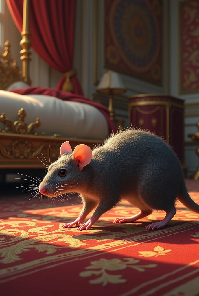 A rat enters the king's room looking for food.