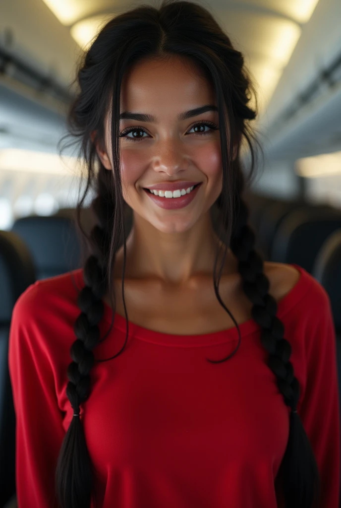 (photorealism: 1.2), hot brazilian sexy girl in sexy dynamic pose. raw portrait photography, hyper realistic and detailed face, complex and realistic skin texture, hot body, athletic body, smiling, long black hair with 2 braids, dressed with red sweatshirt in the aisle of the plane