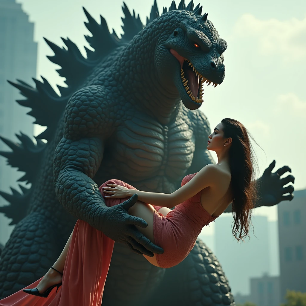 Godzilla the monster has a beautiful busty French fashion model in his palm、At a powerful angle、Dynamically、A closer shot、She is looking seductively at the camera、Godzilla is watching us too、Canon Eos 24mm, In detail、4K, 8k,