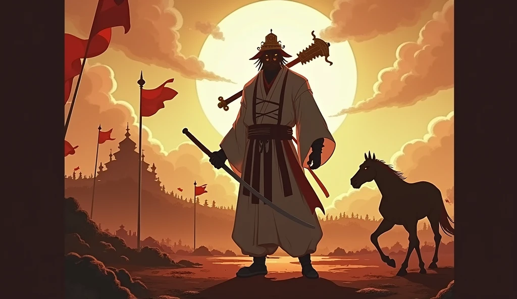 aSure! Here's an extremely detailed prompt ba
Create an image of a powerful powerful depiction of sun wukong, the legendary monkey king standing on a battlefield after a victorious battle. The warrior is in the center of the composition, silhouetted against a dramatic sky that is ablaze with the warm hues of sunset, casting an orange and red glow across the scene. The warrior's attire is reminiscent of ancient times, with loose-fitting garments and a distinct headgear that suggests cultural significance. In one hand, the Monkey king casually holds a mace on his shoulder
The background should feature subtle indications of the battle that has taken place: fallen flags and spears littering the ground, suggesting organized armies were involved. A single horse stands to one side, its posture relaxed yet attentive, as if it has been through many battles with its master. The overall atmosphere should be one of solemnity mixed with triumph, capturing both the cost of war and the relief of victory.
The image shows a solitary figure standing confidently amidst signs of conflict—a portrayal that could evoke themes such as resilience, strength in solitude, or contemplation on the aftermath of conflict. This scene might be interesting or relevant for its depiction of victory and reflection