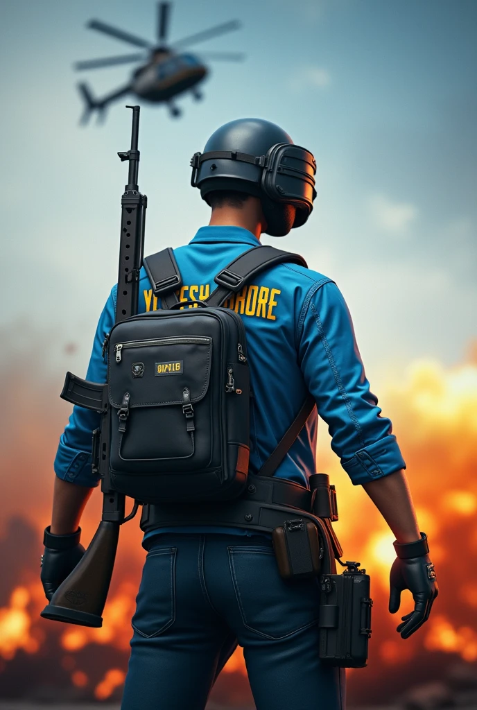 A make a hyper realistic image a 1 man playing pubg on roard the character wearing blue jacket , yogesh rathore name on the jaket, the character holding m416 gum, wearing bag , helicopter in the sky , in background pubg 