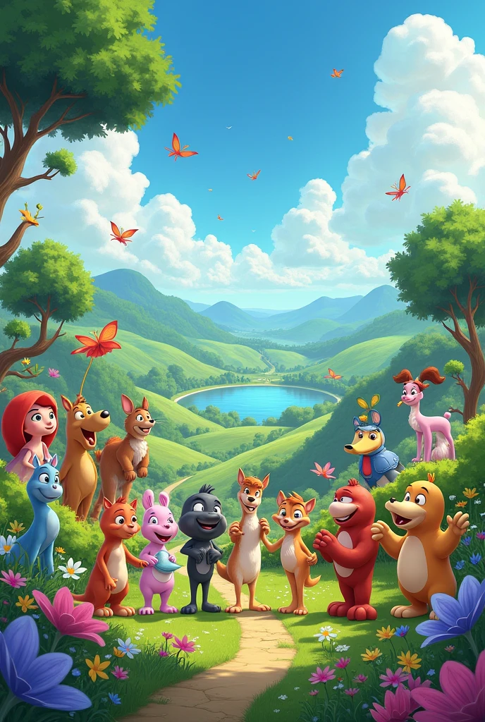 Create a photo of all diffrent cartoon characters in landscape frame