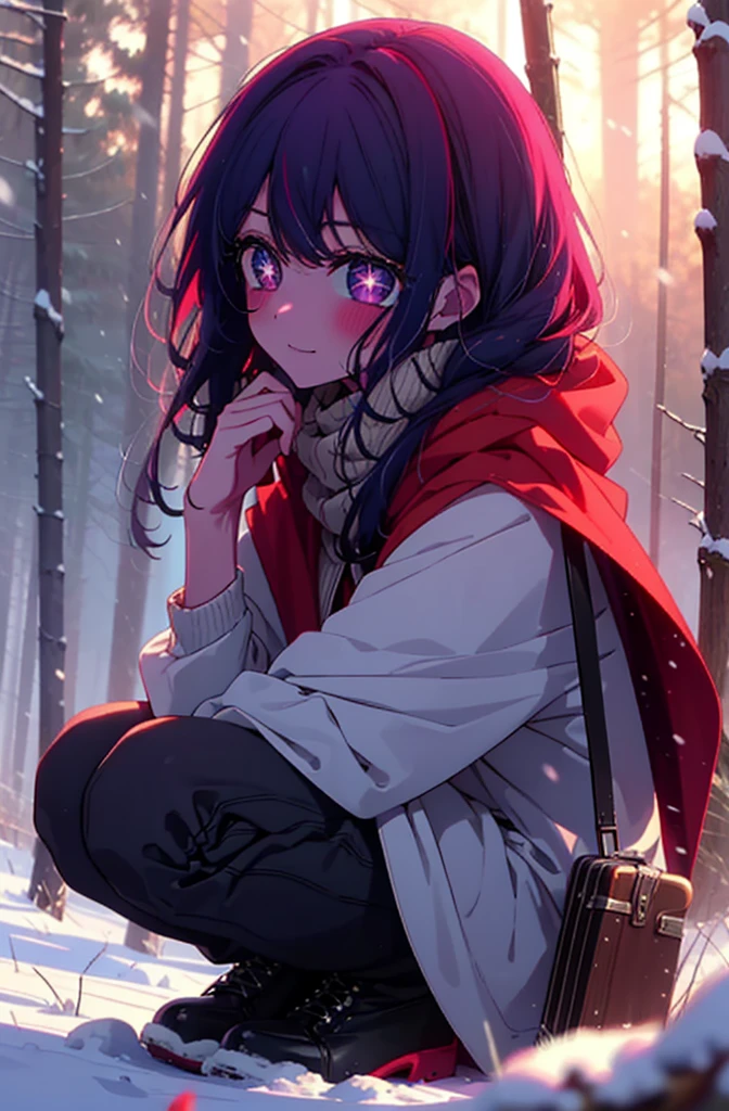aihoshino, Ai Hoshino, Long Hair, bangs, (Purple eyes:1.1), Purple Hair, (Symbol-shaped pupil:1.5), smile,,smile,blush,white breath,
Open your mouth,snow,Ground bonfire, Outdoor, boots, snowing, From the side, wood, suitcase, Cape, Blurred, , forest, White handbag, nature,  Squat, Mouth closed, Cape, winter, Written boundary depth, Black shoes, red Cape break looking at viewer, Upper Body, whole body, break Outdoor, forest, nature, break (masterpiece:1.2), Highest quality, High resolution, unity 8k wallpaper, (shape:0.8), (Beautiful and beautiful eyes:1.6), Highly detailed face, Perfect lighting, Highly detailed CG, (Perfect hands, Perfect ???????),