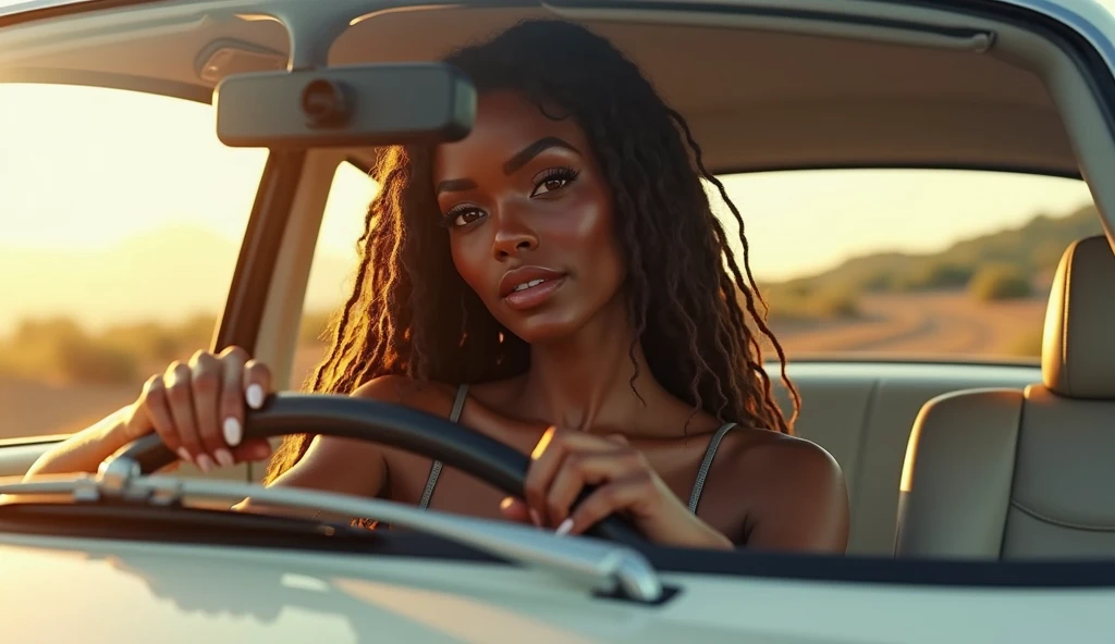 A stunningly beautiful dark skinned African American woman with long brown dreadlocks with highlights on the ends Driving a pearl white, sparkly Mercedes Benz on a beautiful summers day, looking at the camera in a sexy & sensual gaze, realistic, photorealistic