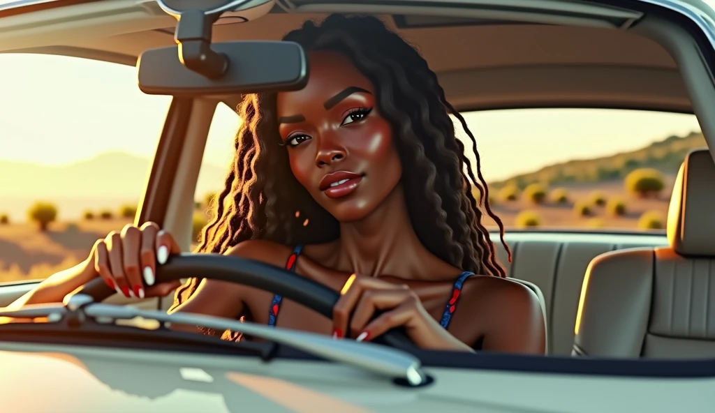 A stunningly beautiful dark skinned African American woman with long brown dreadlocks with highlights on the ends Driving a pearl white, sparkly Mercedes Benz on a beautiful summers day, looking at the camera in a sexy & sensual gaze, realistic, photorealistic