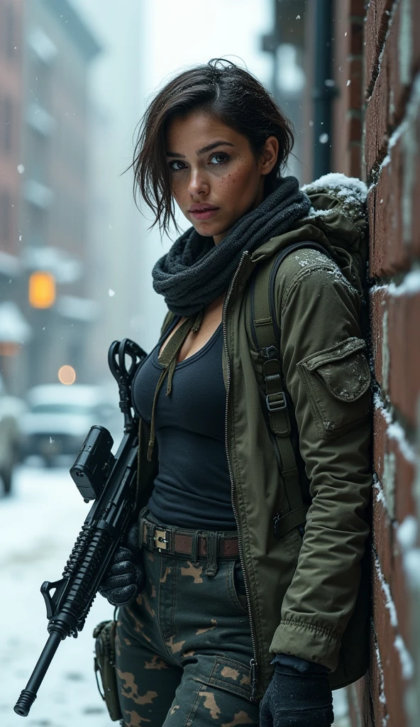 realistic, full body shot, photography, Tom Clancy's The Division game, military woman, short dark brown hair, military mercenary outfit in camouflage city colours consisting of black denim combat trousers and t-shirt and camo winter jacket and arafat around the neck and on on head and military gloves, armed, gun at belt, huge automatic riffle in hand, military backpack on the back with found items, larger bust, athletic, dirty, sweaty hairs, no make-up, perfect body proportions, beautiful and dangerous, eye-catching, hides from the enemy behind a corner of a building, light steam from the mouth, snowstorm, A closed and contaminated winter in New York, empty snowy streets, frosty, an apocalyptic vision of a snowy world overrun by a virus, 8k, ultr-detailed, hiper-realistic, shallow depth of view, focus on woman, snowy scenery