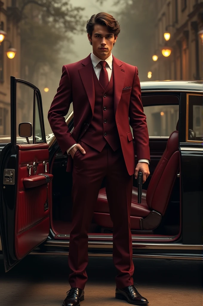 The boy is wearing a maroon colour 3 pcs suit and stand like gangster holding pistol in his hand open the door of car and sitting like the king