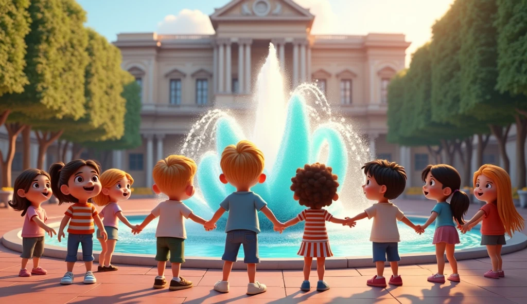 Generate a high quality, realistic seen in cinematic 3d 
cartoon style * They come across a large, open square with a fountain that projects water into different shapes and colors. The kids are amazed by the sight and touch the water, which changes shapes.