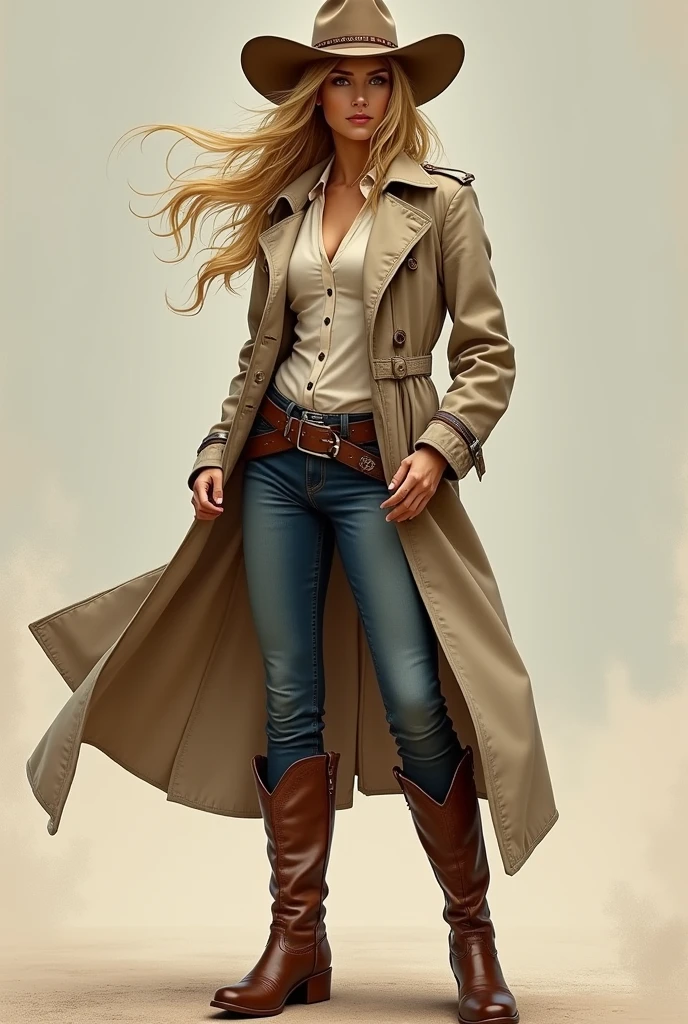 American Woman blond Long hair and Boots in beige Trenchcoat and Cowboy hat Full Body View