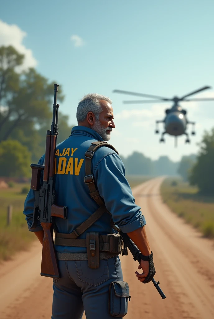 A make a hyper realistic image a 1 man playing pubg on roard the character wearing blue jacket , ajay yadav name on the jaket, the character holding m416 gum, wearing bag , helicopter in the sky , in background pubg 