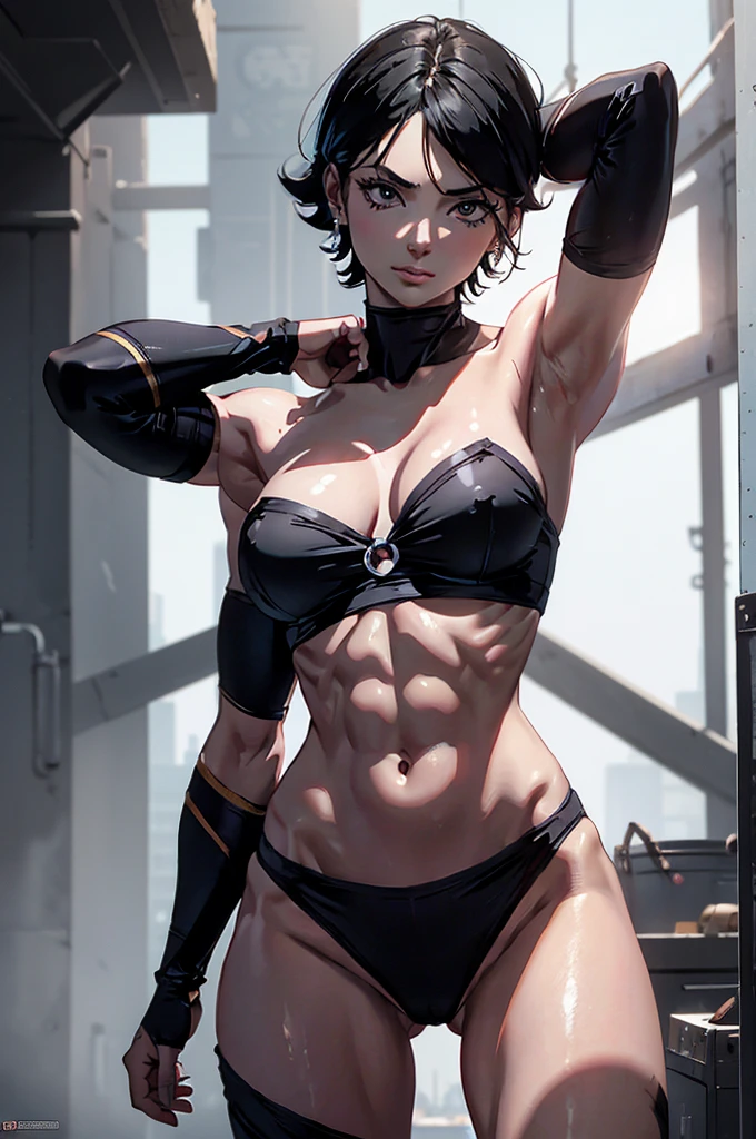 a muscular woman,six pack abs, ripped body, female, naked, full body, standing, armpit (best quality,4k,8k,highres,masterpiece:1.2),ultra-detailed,(realistic,photorealistic,photo-realistic:1.37),intricate details,highly detailed face and eyes,extremely detailed skin and muscles,detailed sarada uchiha character,hyper detailed and realistic,dark fantasy,dramatic lighting,cinematic composition