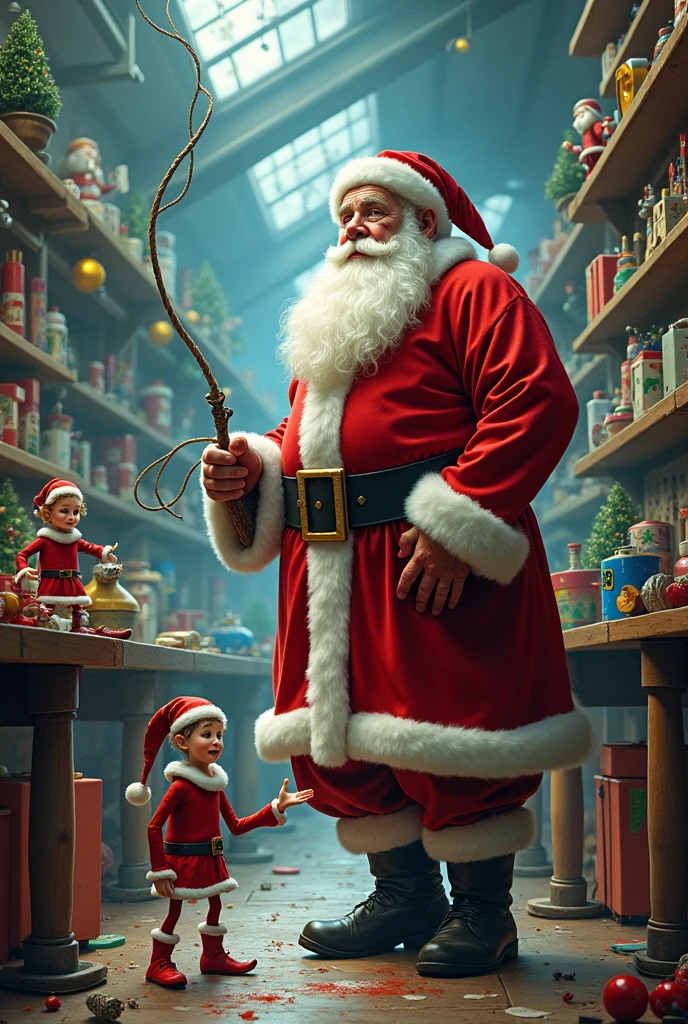 Santa exploring elves in the toy factory( Santa Claus has a whip with which he whips the poor elves).