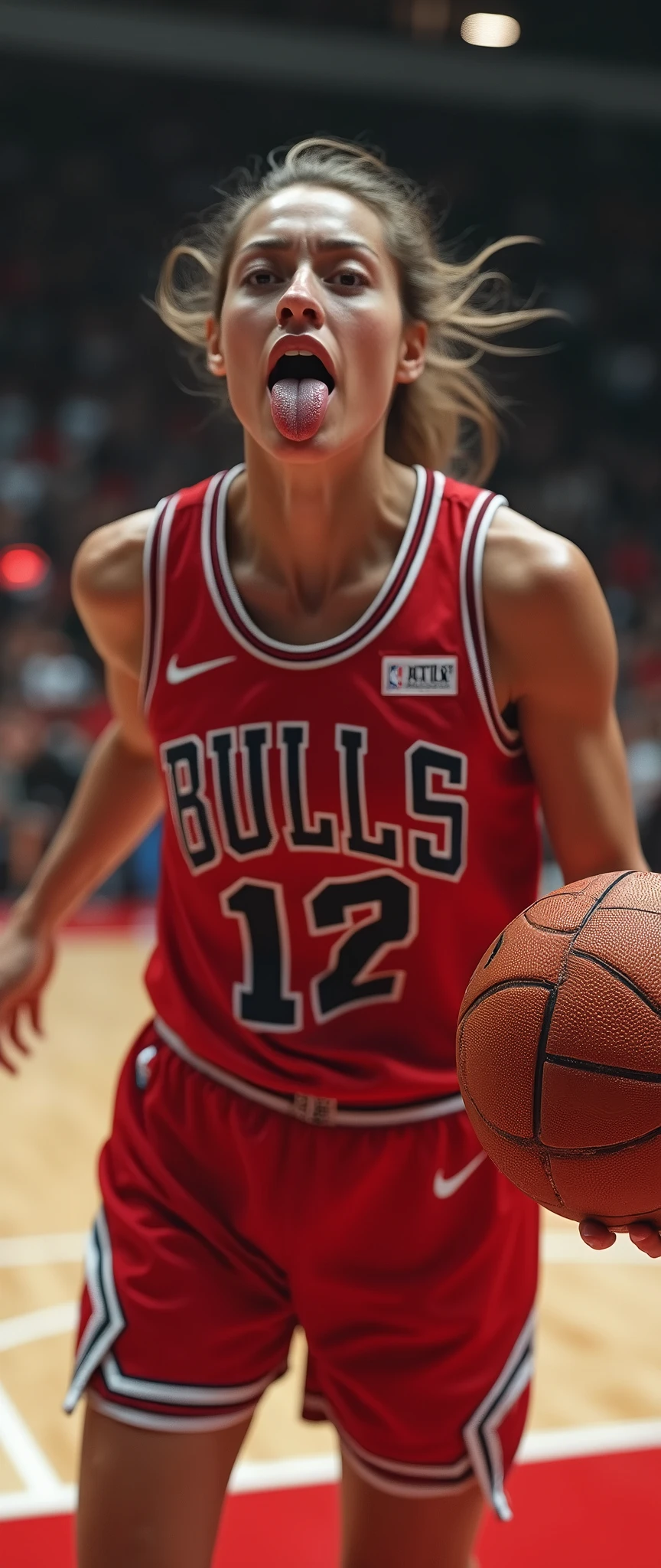 (masterpiece),(Highest quality),(Very detailed),(Ultra-high resolution),(Realistic:2.0),(RAW Photos:2.0),8k,wallpaper,(11 women:2.0),(Very beautiful woman:2.0),(Women basketball players:2.0),(Jump high with the ball in one hand to dunk:2.0),(From above:2.0),(Chicago Bulls uniform:2.0),(The woman is sticking out her tongue:2.0),(Serious:2.0),(Very detailed顔:2.0),(Very detailed手:2.0),(Detailed tongue:2.0),(Muscular:2.0),(dynamic:2.0),(Basketball court),(dynamic:2.0),(VFX:2.0,CG:2.0),(Close-up of face:1.6)