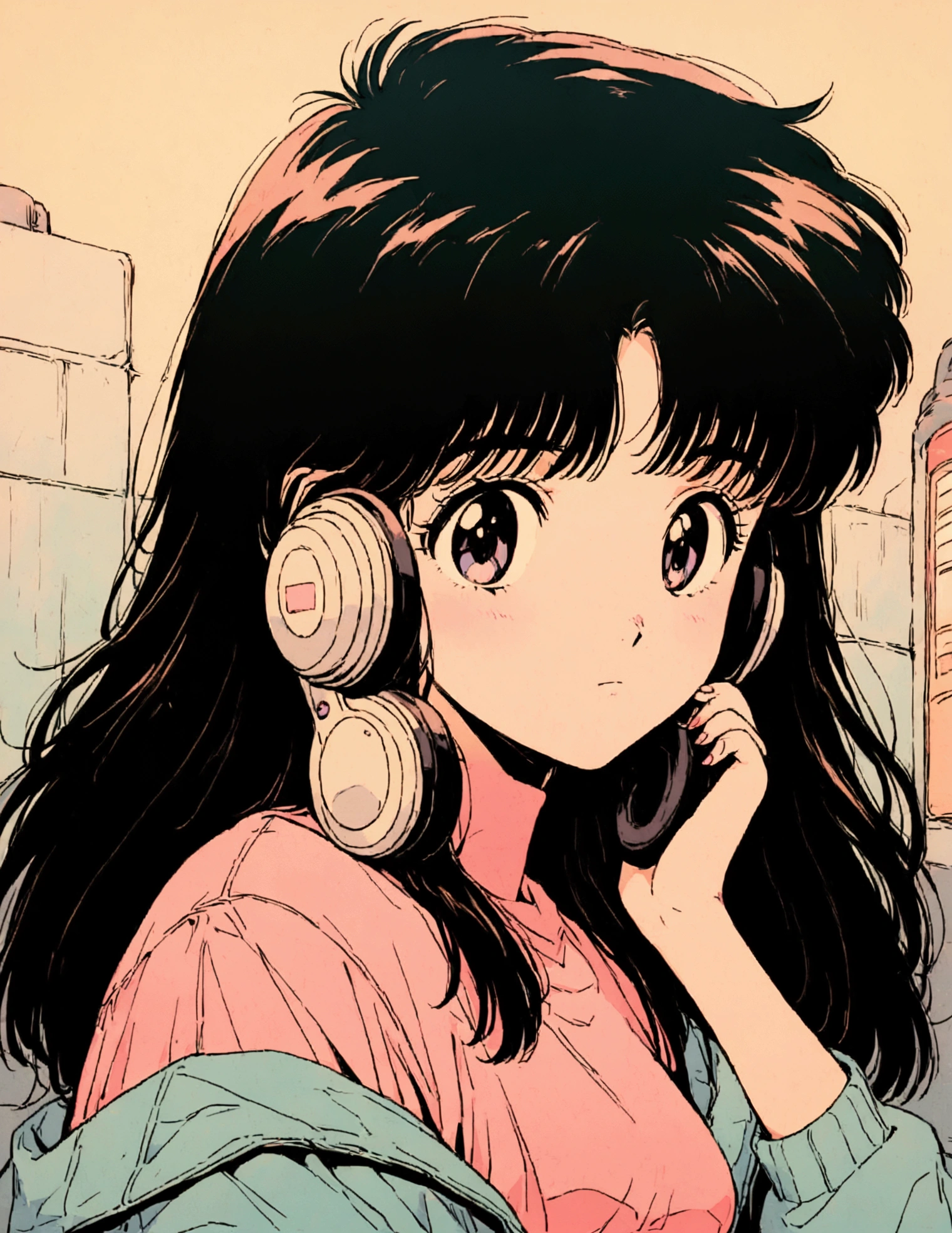 1 girl, 80s anime style, I have headphones on, coffee, Retro, Lo-Fi