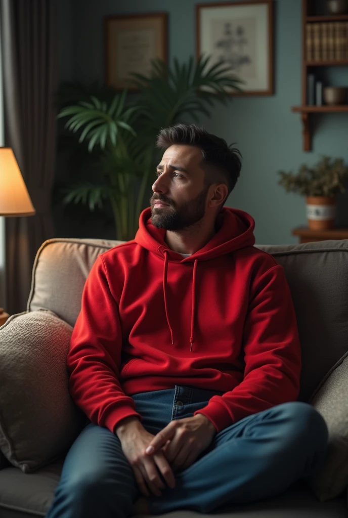 A man who set on the sofa and wear red hoodie see