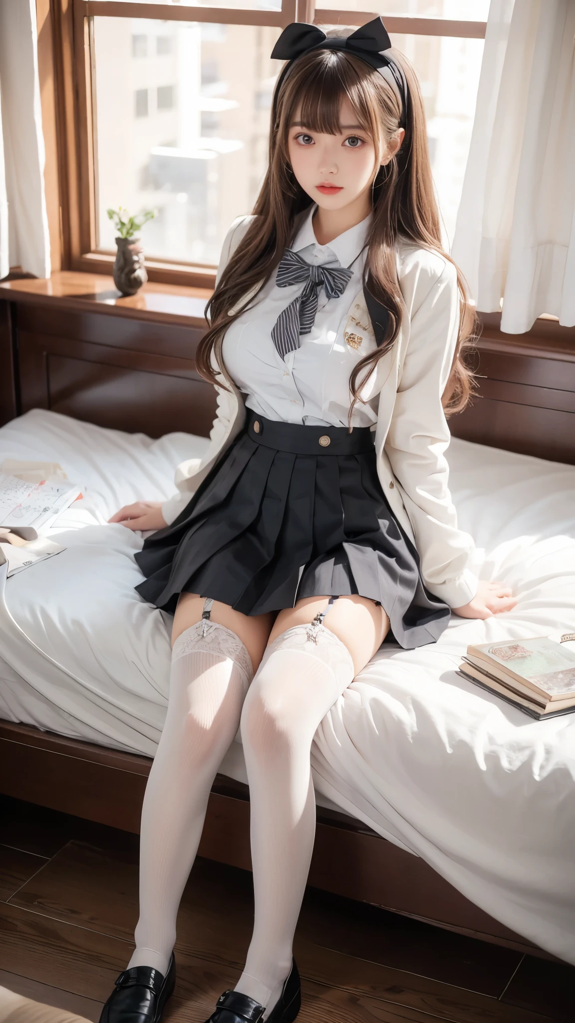 on bed futsumashoujocharlotte, large breasts, long hair,  blunt bangs, brown hair, grey eyes, school uniform, garter straps, pleated skirt, white thighhighs, cross on hairband, black footwear,  shoes, jacket, long sleeves, black skirt, blazer, zettai ryouiki,