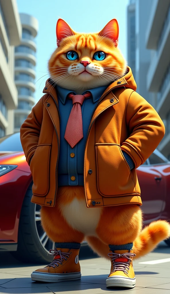 Make a picture of a fat orange cat with blue eyes, flat nose, facing the camera, wear cool clothes, sports shoes and tie, standing in front of a luxury car with a background of luxury urban buildings, Wide, full body, 8k super realistic