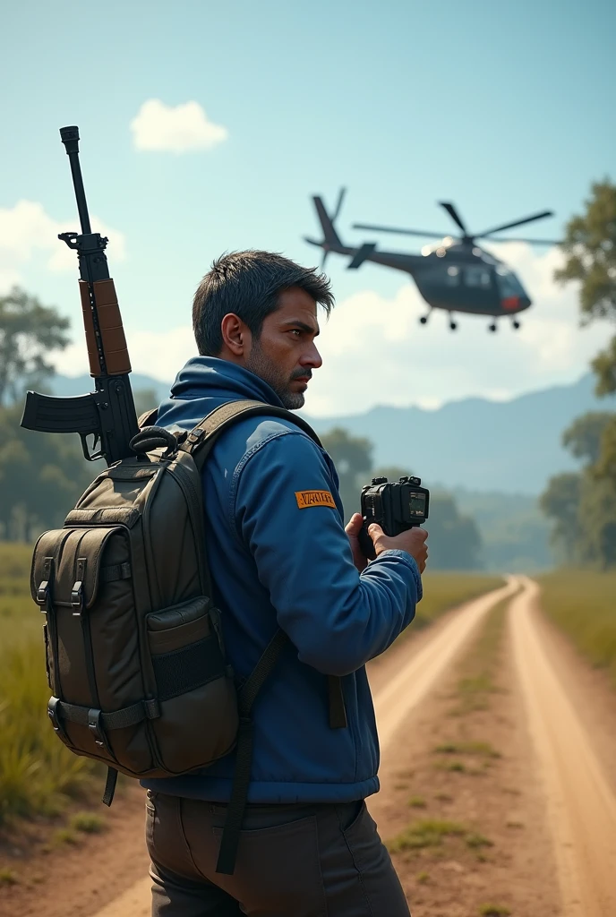 A make a hyper realistic image a 1 man playing pubg on roard the character wearing blue jacket , ajay yadav name on the jaket, the character holding m416 gum, wearing bag , helicopter in the sky , in background pubg