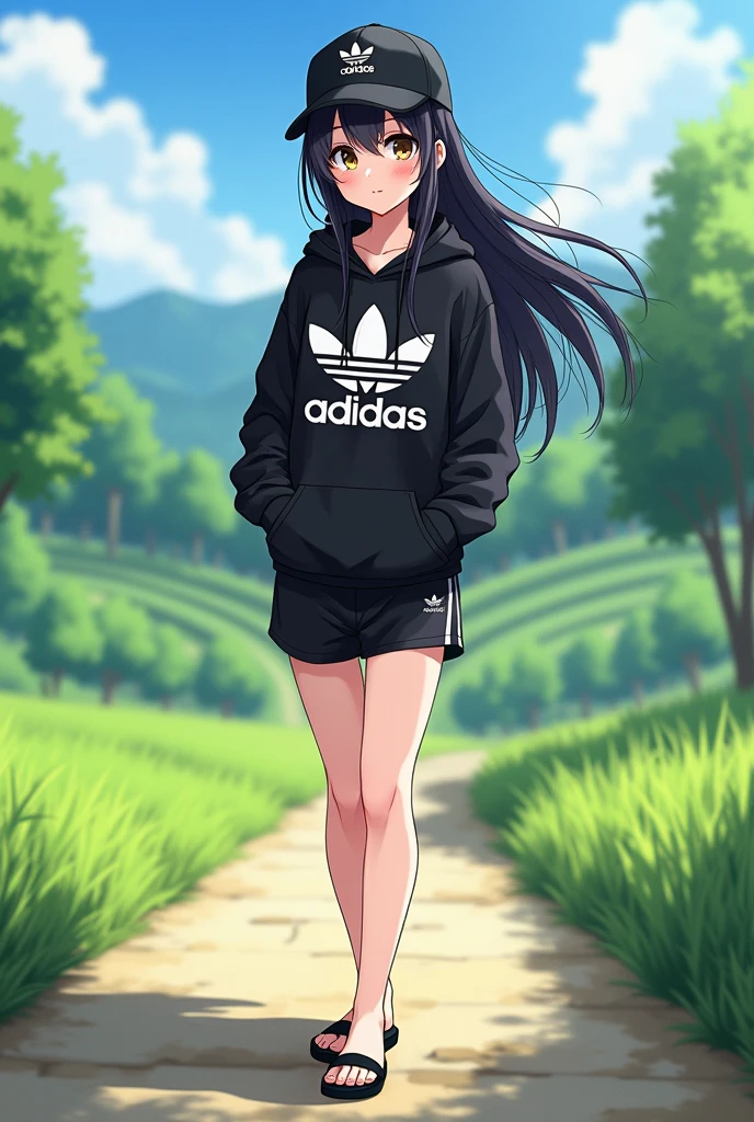 (photorealism:1.2), beautiful anime girl, black hair, wear black adidas slippers, barefoot, wear black adidas cap, wear black adidas hood, wear black adidas short pants, background is countryside