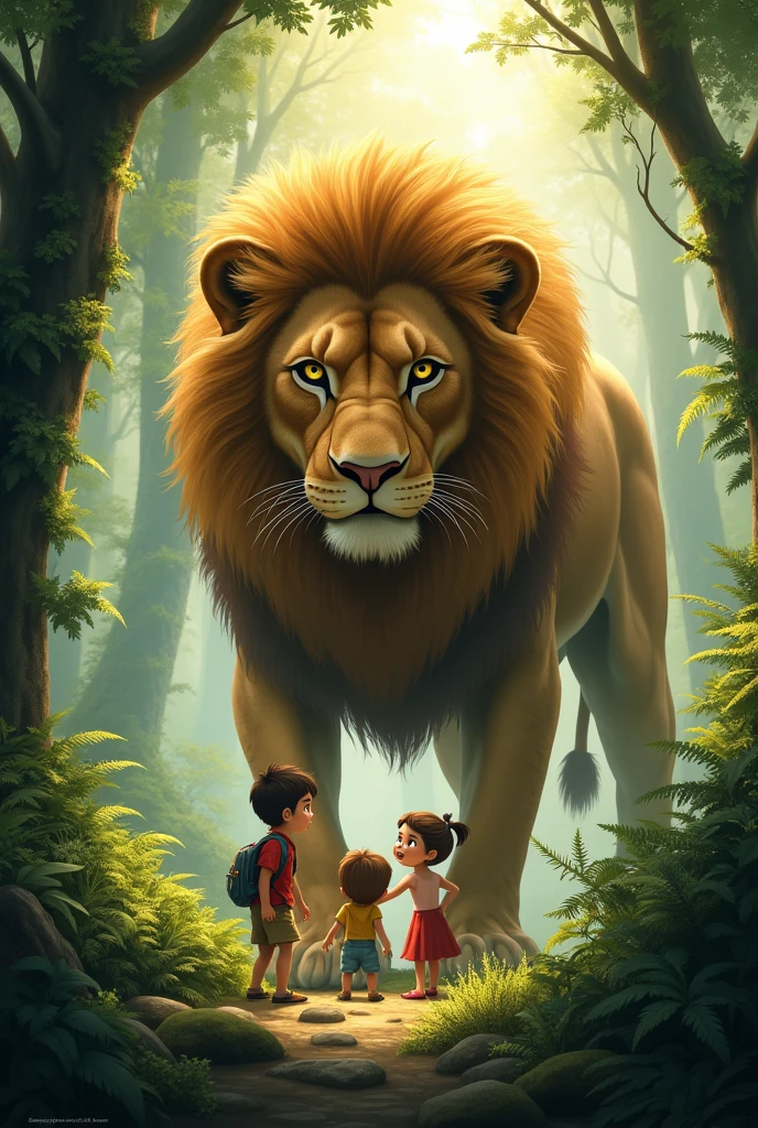 Make a pic of two small children meeting a lion in the forest.