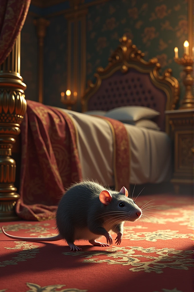 A rat enters the king's room looking for food.