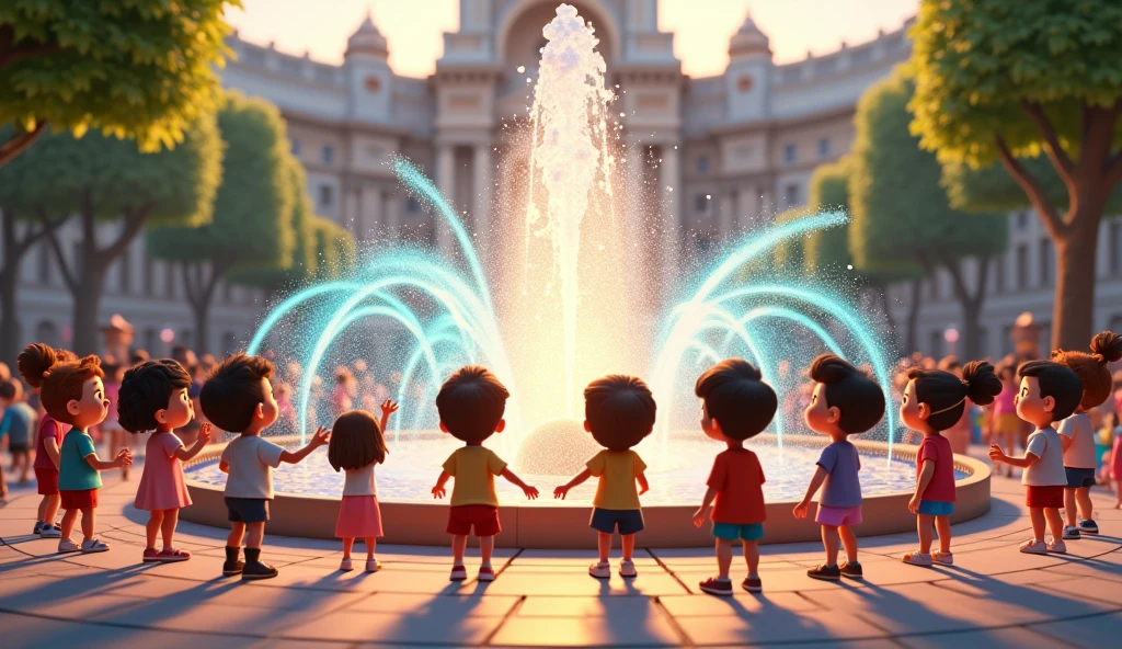 Generate a high quality, realistic seen in cinematic 3d
cartoon style * They come across a large, open square with a fountain that projects water into different shapes and colors. The kids are amazed by the sight and touch the water, which changes shapes.