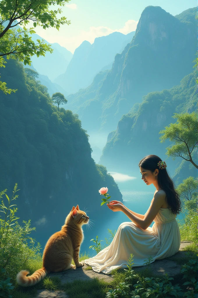 On the side of a beautiful blue mountain there are many trees like green basil..There is a beautiful sitting on her knees, a cat with a rose in her hand reaches out to her.