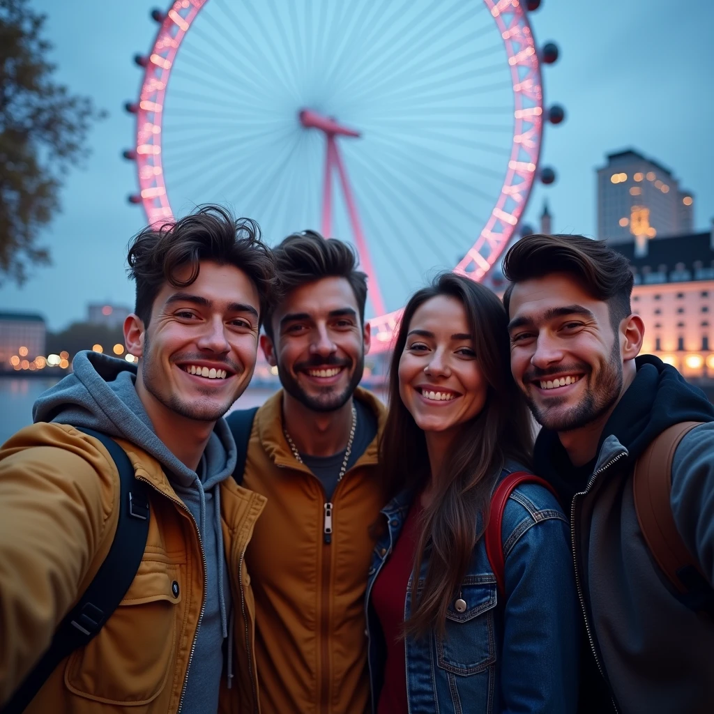 Selfie of a 34 year old young man together with his 3 friend in London in front of the London eye 8k ultra-realistic photorealistic