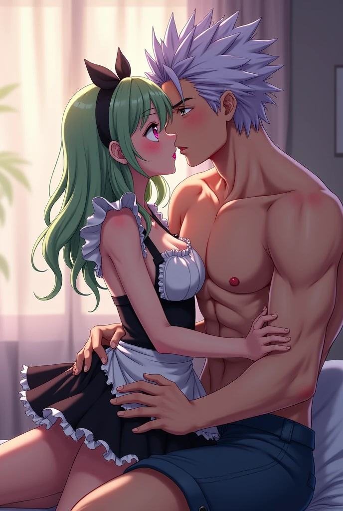 anime girl, light green hair, pink eyes, straight Long hair, big boobs, maid outfit, shy, red cheeks, kissing  another anime male, white curly hair, spiky hair purple eyes, glossy lip muscular tall male bedroom